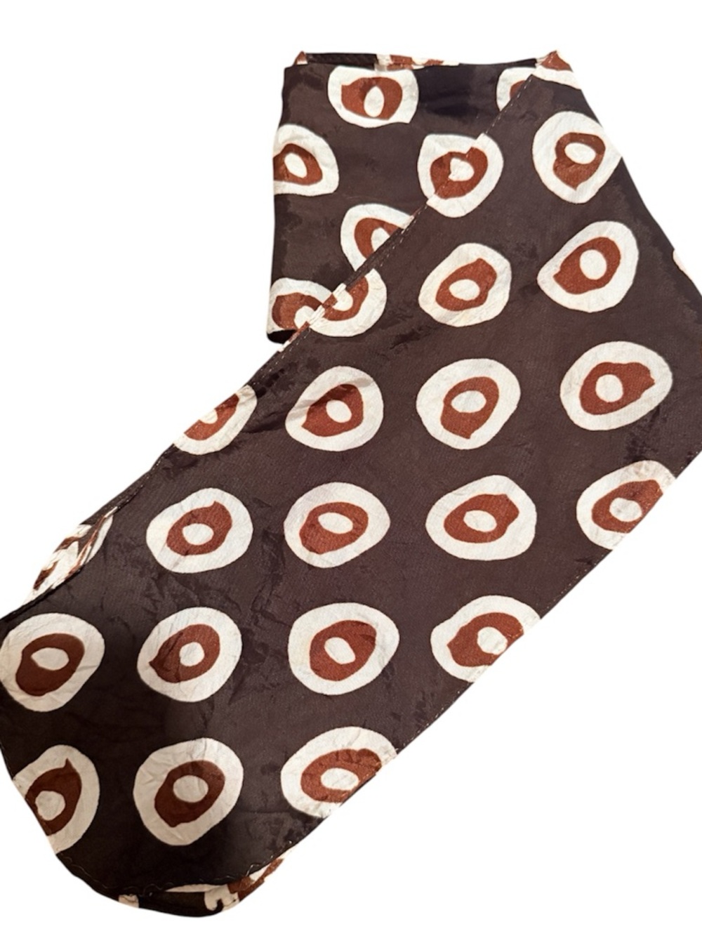 1960’s Mod Print‎ Head Scarf in Brown and White, Oblong with Rounded Ends
